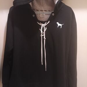 PINK Victoria's Secret Black Hoodie with White Accents RARE MED FITS LG